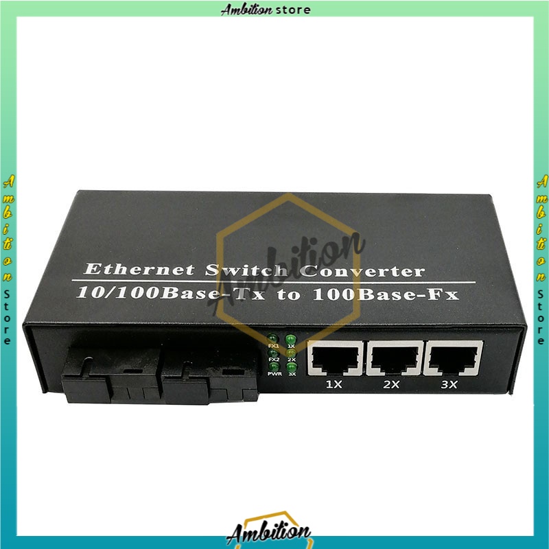 Switch Konverter Fiber Optik Single Mode 3 RJ45 dan 2 SC Port 10 / 100M