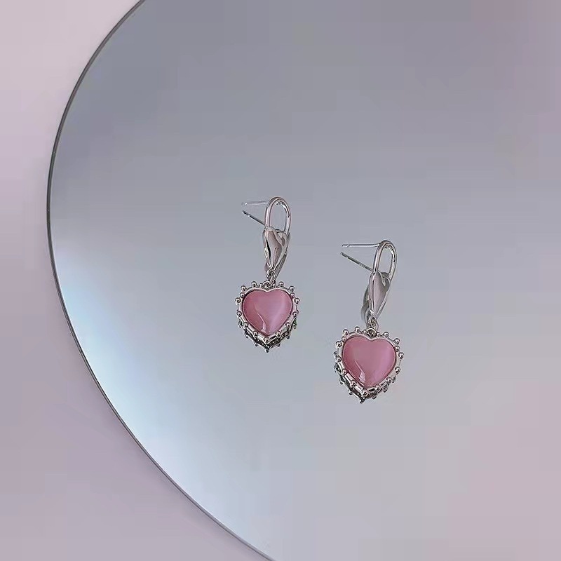 Anting Tusuk Gantung Temperament Desain Hati Hias Opal Pink Gaya Kerensimple Untuk Wanita