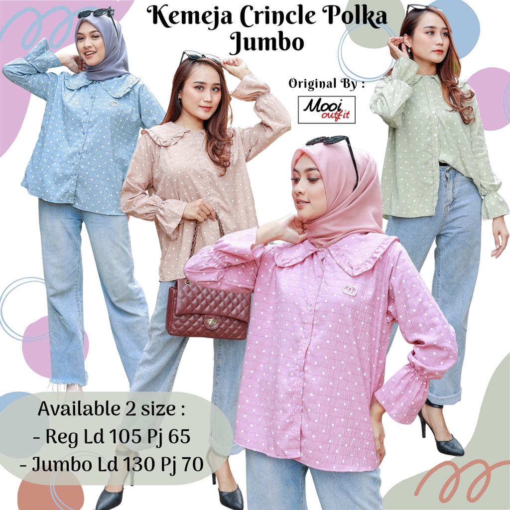 Kemeja Wanita Jumbo Ld 100 105 130 Lengan Panjang Crinkle Motif Polkadot