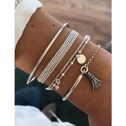 LRC Gelang Tangan Fashion Silver Chain Tassel Round Alloy Multi-layer Bracelet A61277