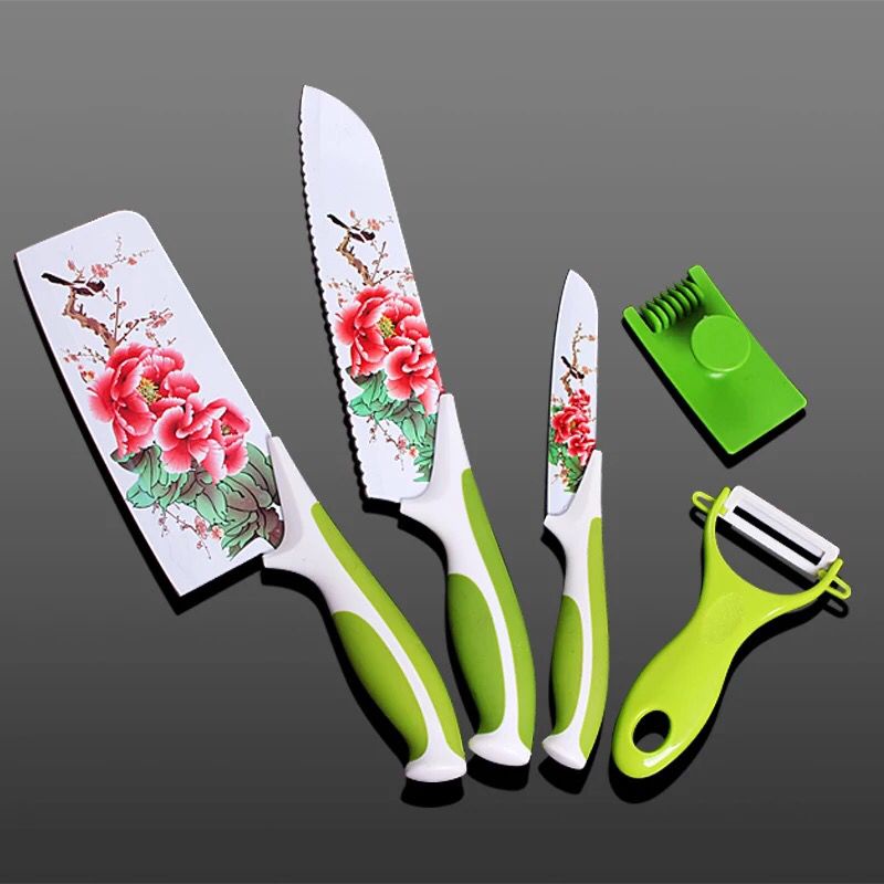 BAYAR DITEMPAT - Set Pisau Dapur 5in1 Motif Bunga // Pisau Daging Bunga + Peeler /PISAU ANTIKARAT - J23