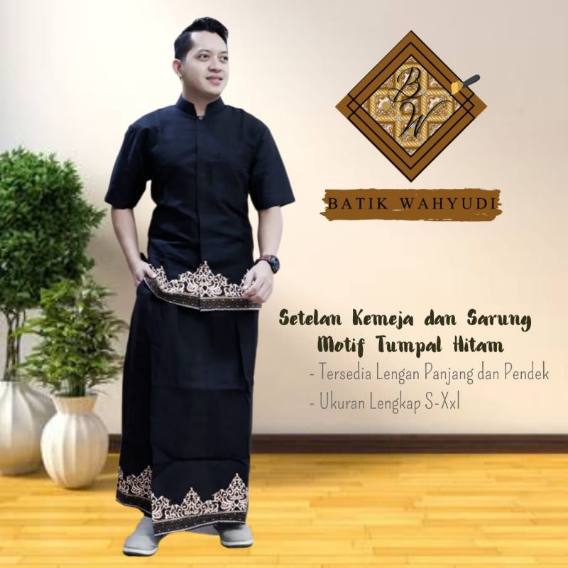 setelan kemeja dan sarung batik motif tumpal hitam