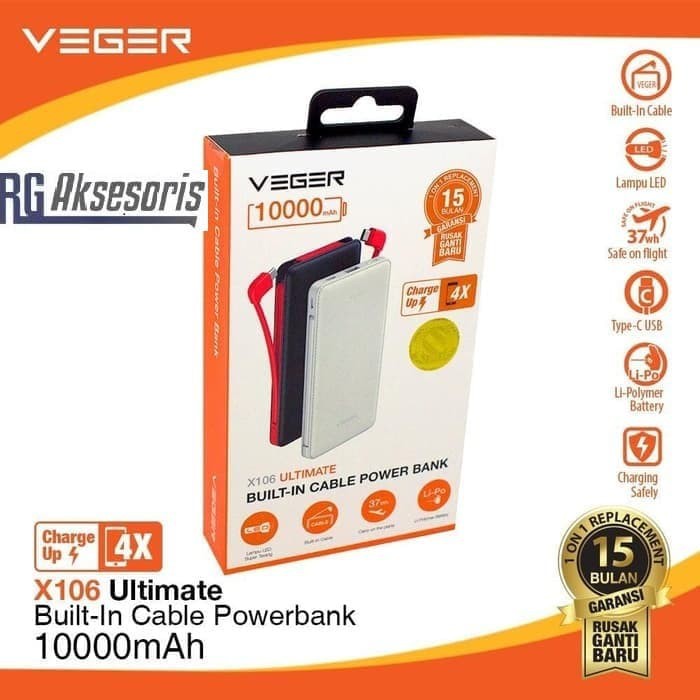 PowerBank VEGER X106 10000mAh Real Capacity Lampu Senter + USB type C