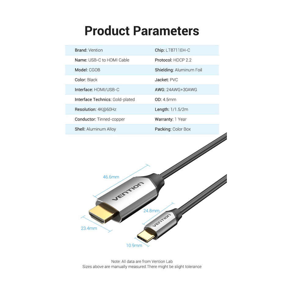 Vention Kabel Usb Type C to Hdmi HDCP Certified Thunderbolt CGO