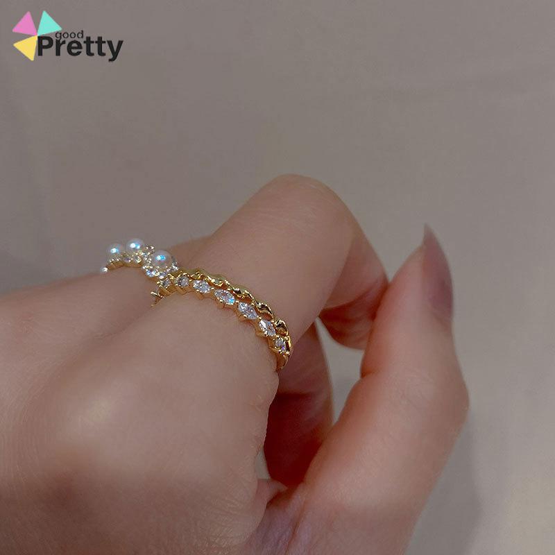 Double-layer Retro Pearl Diamond Ring Niche Light Desain Mewah Cincin Dapat Disesuaikan Terbuka - PD