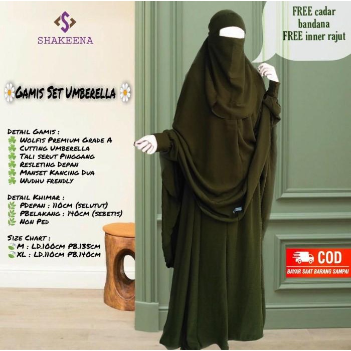 Gamis sunnah set syari Wolfis free cadar bandana