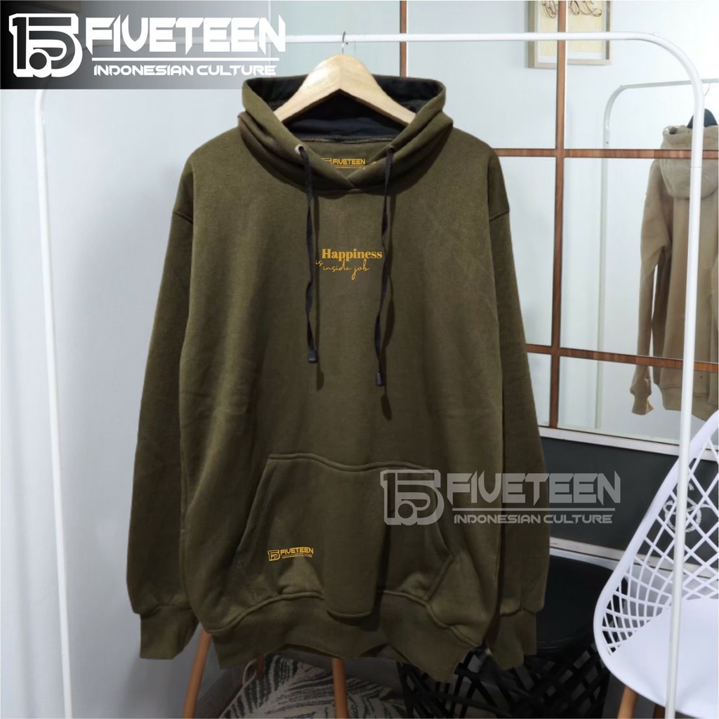 jaket distro original brand 15fifteen15 warna hijau army sablon happines is inside job suwiter pria distro original terbaru sweater bahan fleece tebal berkantong zipper hoodie premium tebal switer oblong oversize jumbo hoodie terbaru pria dan wanita 2022