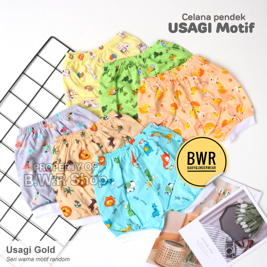 [ 3pc ] Celana Usagi Gold PENDEK WARNA / Celana Kodok Kaki Bulat Bayi Newborn Motif Lucu | Bwr