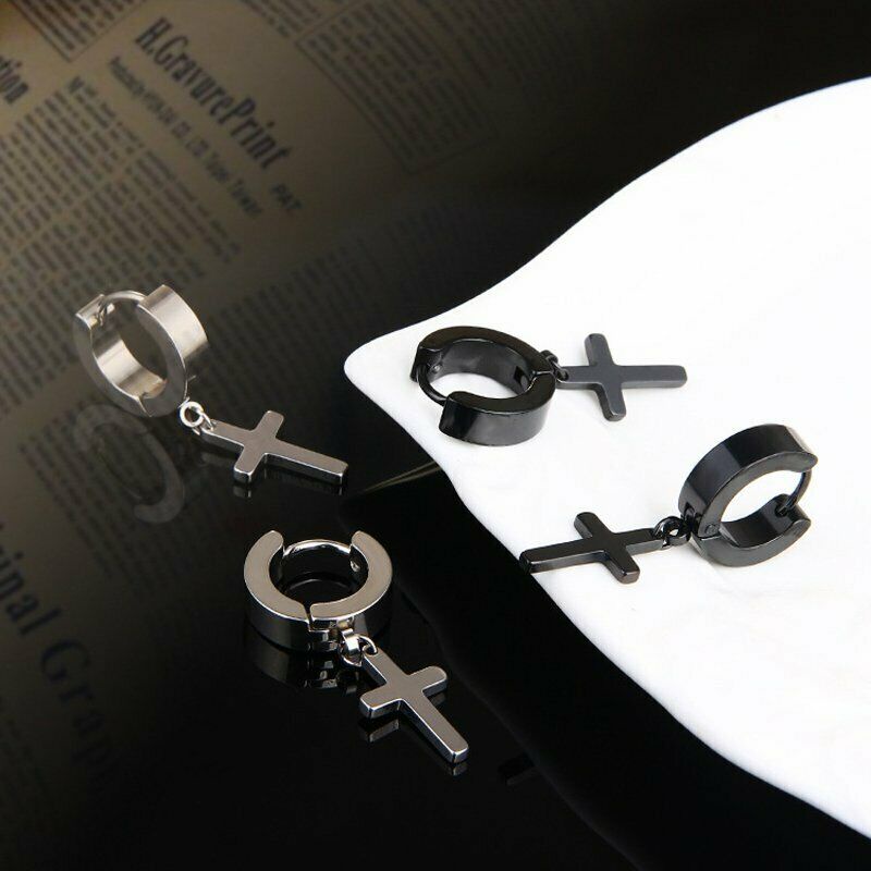 1pc Anting Stud Drop Dangle Tassel Cross Bahan Stainless Steel Untuk Pria