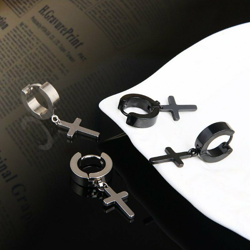 1pc Anting Stud Drop Dangle Tassel Cross Bahan Stainless Steel Untuk Pria