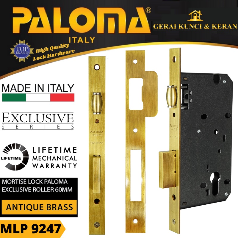 PALOMA MLP 9247 MORTISE LOCK ROLLER 60 MM EXCLUSIVE ITALY ANTIK BRASS