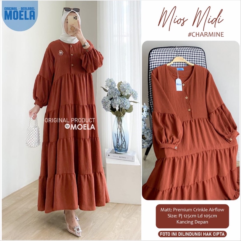 Midi Dress Polos Bahan Crinkle Airflow Busui Frendly Kancing Aktif Mios Midi Original by Moela