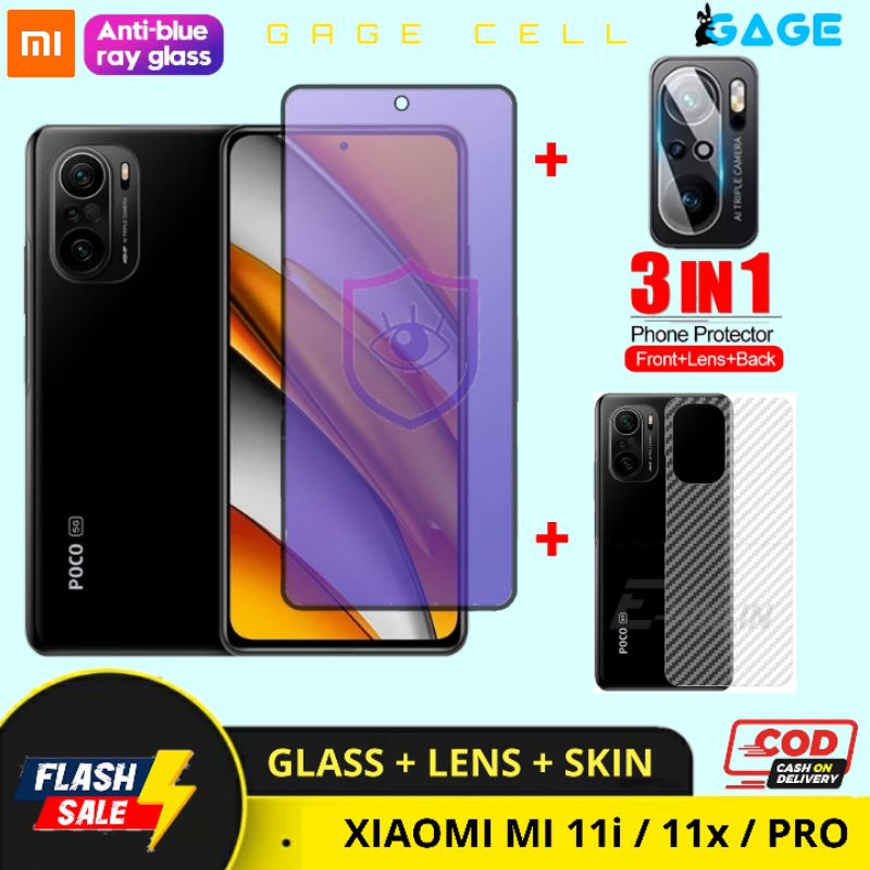 PAKET 3 IN 1 TEMPERED GLASS ANTI RADIASI BLUE LIGHT XIAOMI MI 11i 11x PRO FULL LAYAR KAMERA SKIN