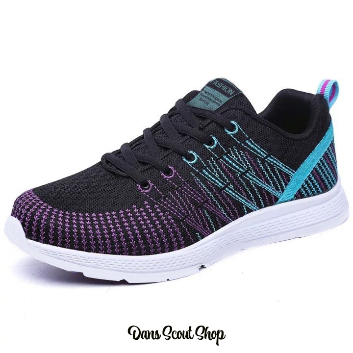 Sepatu Sneakers Wanita Olahraga Kasual Model Kets Perempuan-Hitam List Ungu