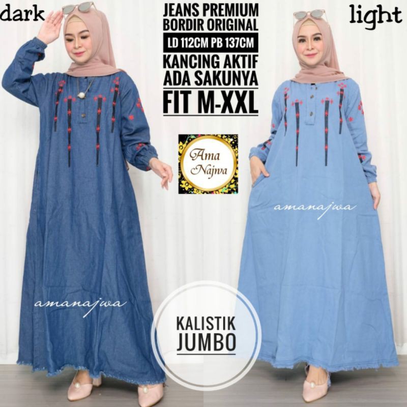 [ TERBARU ] Gamis Jumbo Jeans Wanita Import Kalistik Bahan Jeans Ld 112 pb 137 Busui Aktif Original 
