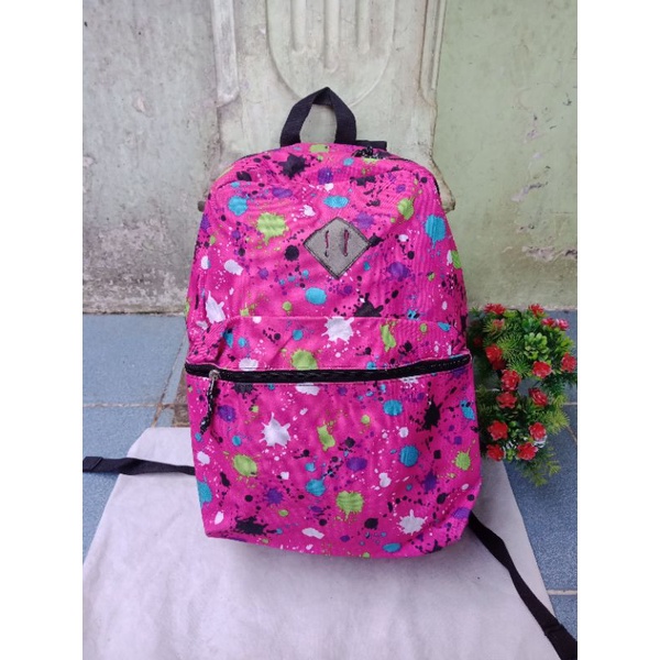 RANNSEL PINK ABSTRAK KANVAS POLIESTER,  RANSEL CEWE,  PRELOVED RANSEL WANITA, TAS RANSEL KANVAS