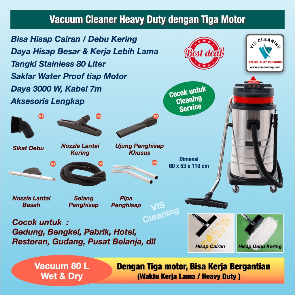 Vacuum Cleaner Stainless 80 Liter (3 Motor) Wet &amp; Dry