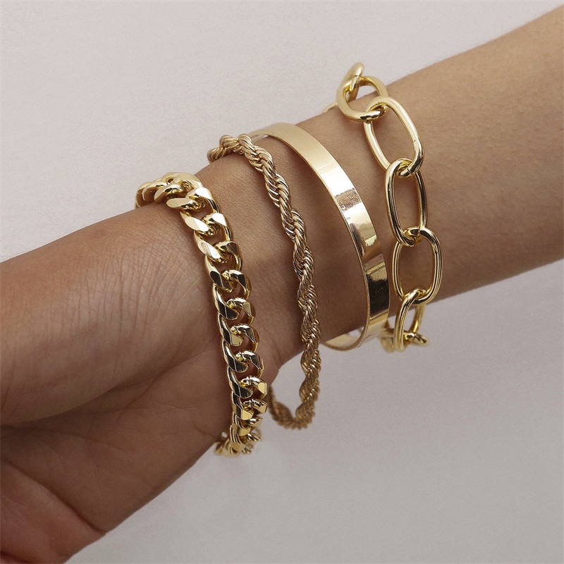 4pcs / Set Gelang Rantai Tebal Multilayer Gaya Hip Hop Untuk Wanita