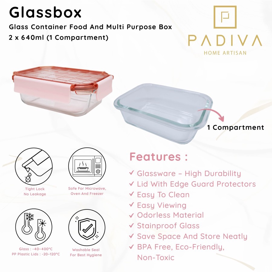 Padiva 640ml Pink (2pcs) Crystal Glassbox 1 compartment - Kotak Penyimpanan makanan kaca