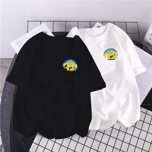 MYSTIQUE.ID-BAJU KAOS COUPLE SPONGE*BOB RAINBOW T-SHIRT LUCU DAN AESTHETIC