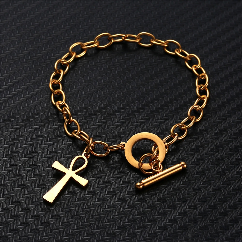 Gelang Stainless Steel Emas Yesus Kristus Sederhana Liontin Salib Gelang Baja Titanium B-22003