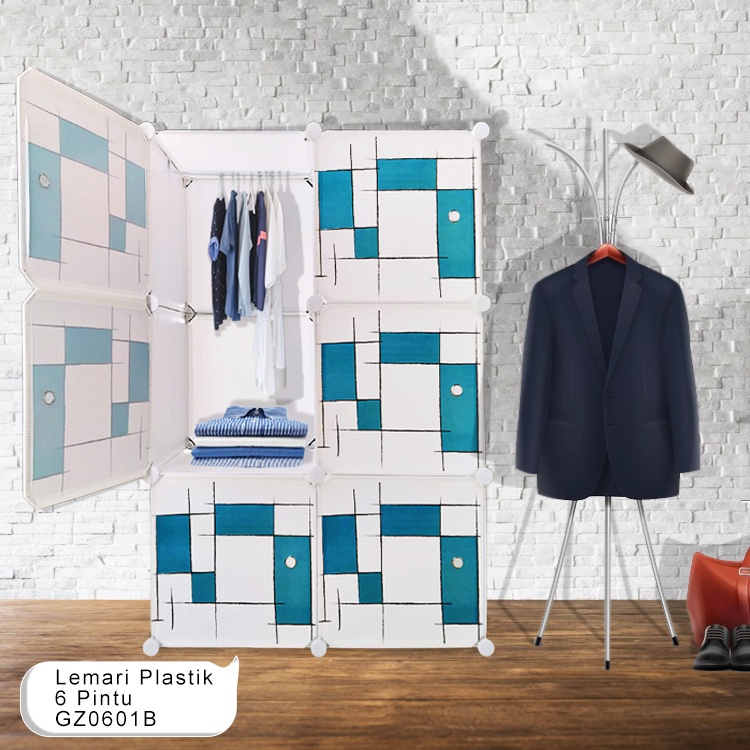 Lemari Pakaian 6 Pintu + Gantungan Baju Lemari Plastik Portable Lemari Pakaian Motif Karakter