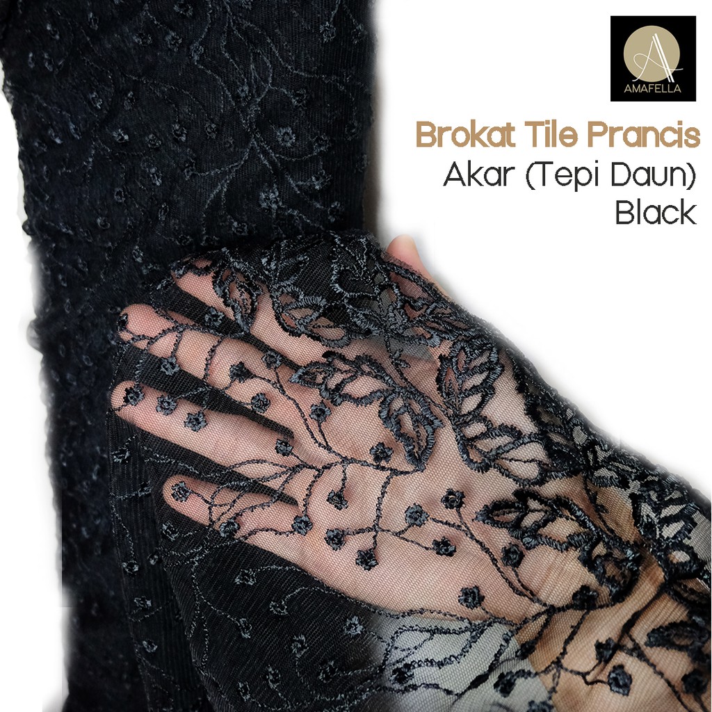 1/2 meter Kain Brokat Tile Prancis Bahan Kebaya Motif Akar Black Hitam