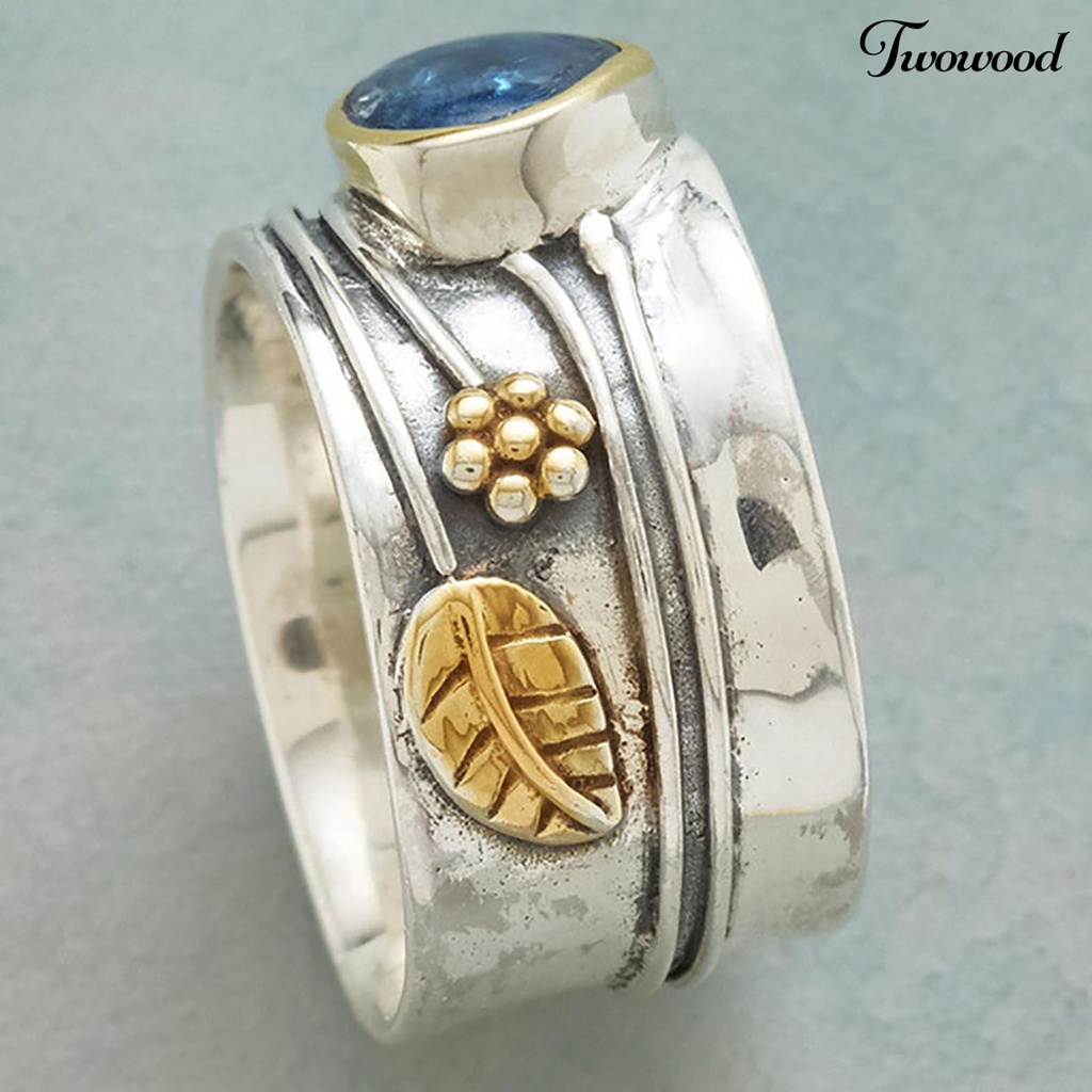 Twowood Two-tone Simple Statement Vintage Ring Blue Faux Gem Leaves Flower Finger Ring Jewelry Accessaries