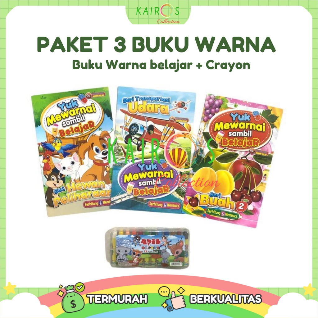 Paket Buku Mewarna Belajar &amp; Crayon - 3in1 Belajar