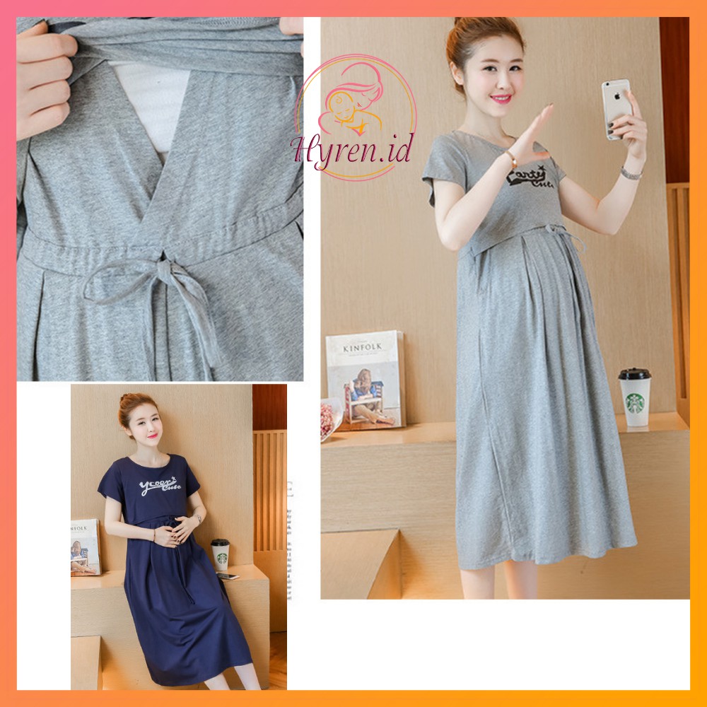 Hyren.id P25 Dress Ibu Hamil Menyusui Katun Import Baju Terusan Maternity Murah Fashion Santai Abu Navy