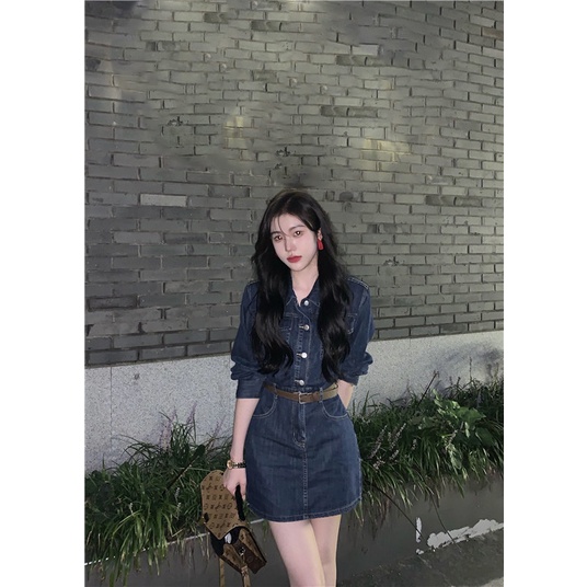 midi dress korea gaun denim lengan panjang kecil wanita perancis rok pinggang tinggi