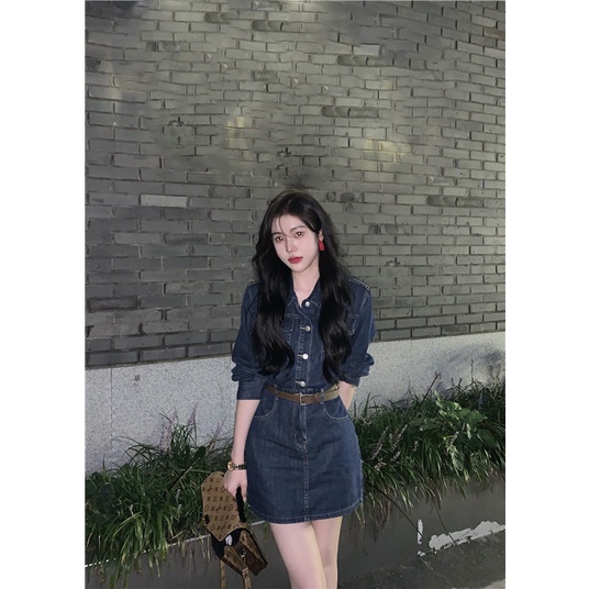 midi dress korea gaun denim lengan panjang kecil wanita perancis rok pinggang tinggi