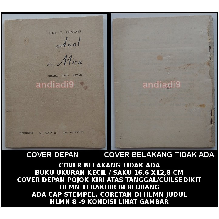 AWAL DAN MIRA UTUY T. SONTANI 1962 SAMPUL COVER TIDAK ADA