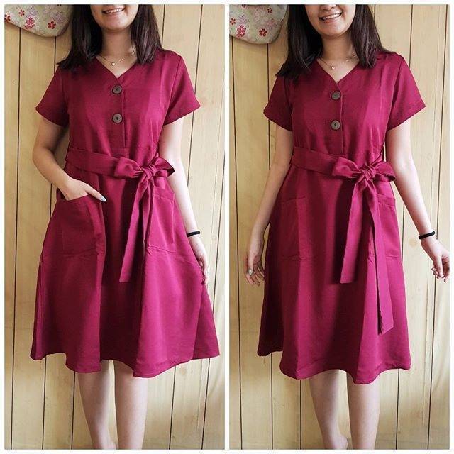 Dress tunik terusan murah kekinian merah hitam rosaline button keren bow best seller menyusui rossy