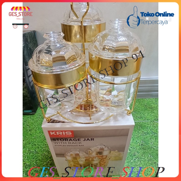 Krishome Set 3 Pcs Stoples Dengan Rak - Gold/tempat kue lebaran set mewah/tempat kue lebaran