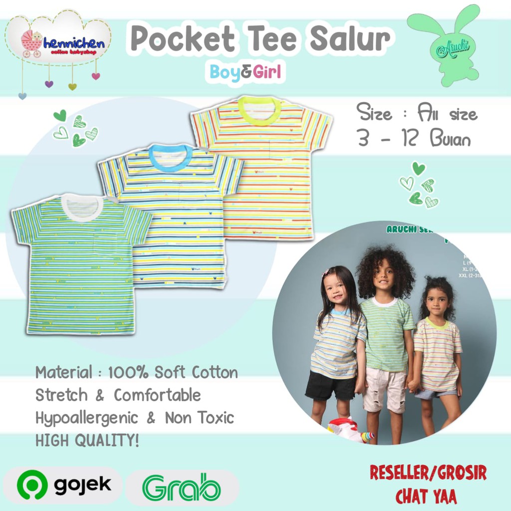 ARUCHI POCKET TEE SALUR GARIS KAOS ANAK KAOS BAYI BAHAN ADEM PREMIUM QUALITY