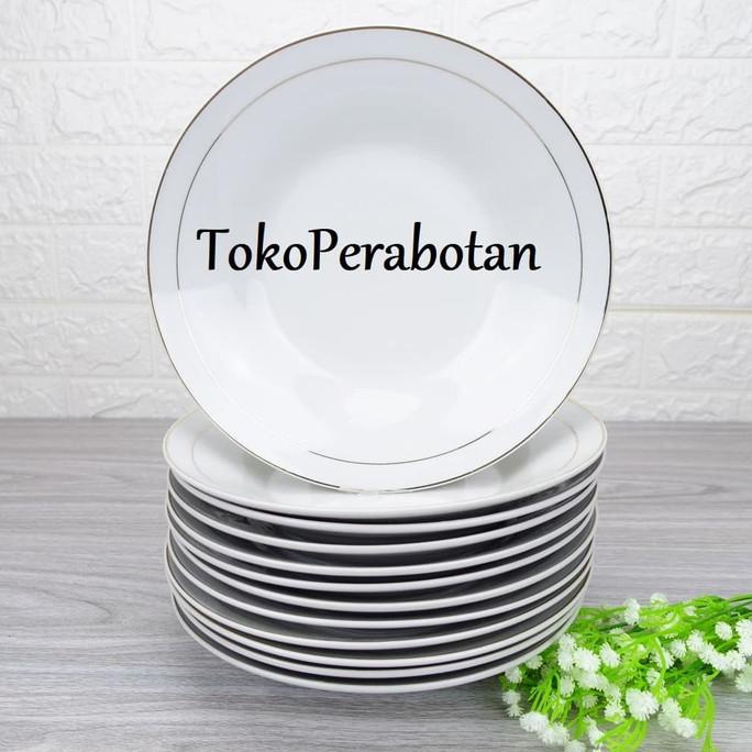 Piring Makan Keramik HW 9 inchi (lis emas) /lusin - Putih