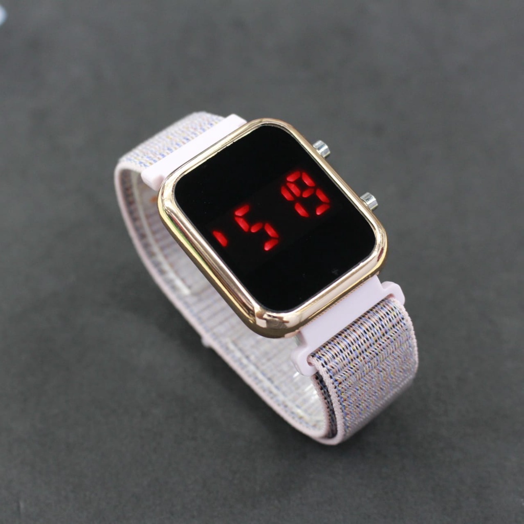 Jam Tangan Fashion Pria Wanita LED Watch Strap Kanvas Segi Case Gold