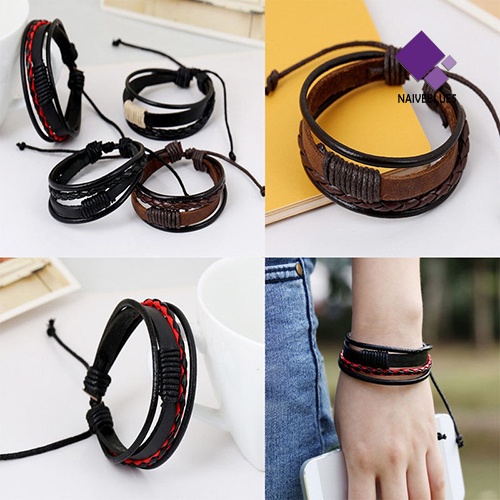 Naiveblue &gt; Gelang Bangle Kulit Pu Multisusun Gaya Vintage Retro Untuk Unisex