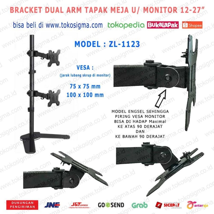 BRACKET STANDING ZL-1123 TAPAK MEJA DESK DUA ARM MONITOR FLAT 13-27 in