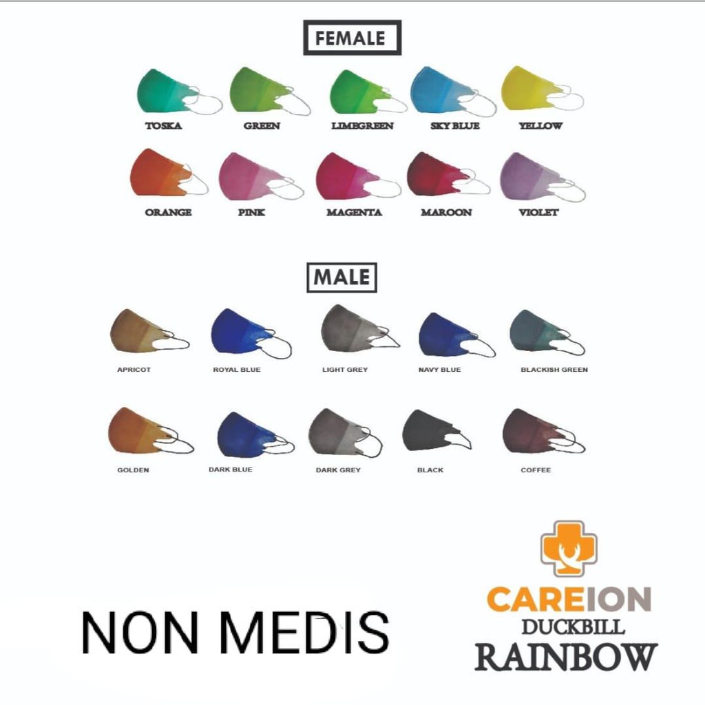 Masker Duckbill Rainbow Dewasa Careion  Masker Duck Bill isi 50 mix 10 wrn/5pc  - RAIBOW CEWEK