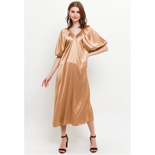 ICONS DEEP V NECK CROSS BACK SILKY PUFF SLEEVE DRESS LEBARAN MODERN MEWAH FASHION WANITA TNIC0601BB/0422