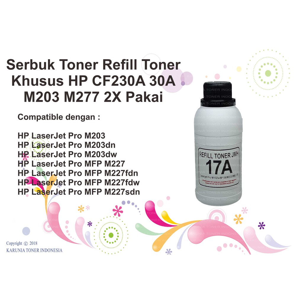 Serbuk Toner Refill HP Laserjet CF230A 30A Pro M203 M203dn M203dw M227 M227fdn M227fdw M227sdn 100GR