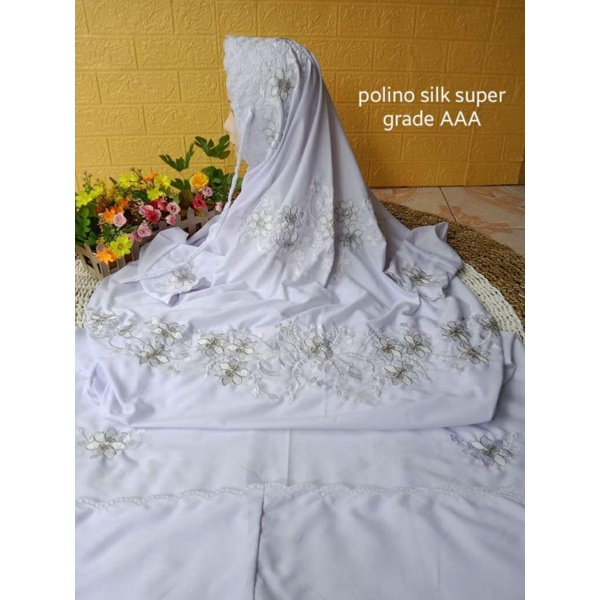 Mukena Dewasa Terusan Polino Silk Super Bordir Putih Kudusan