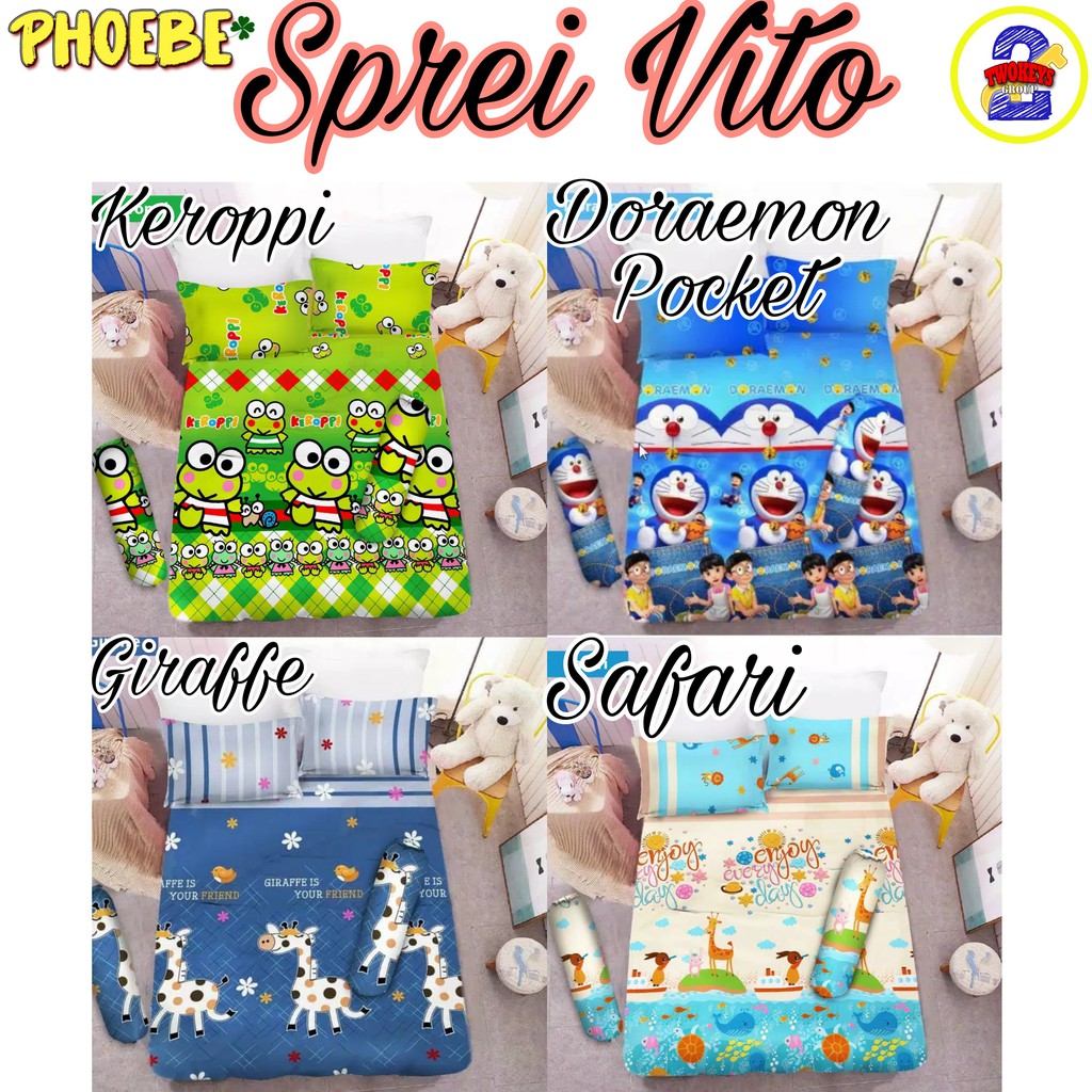 Sprei VITO 160x200 / 180x200 - Karakter Lucu Anak - Doraemon Safari Rabbit Keroppi Dino Bear Minion