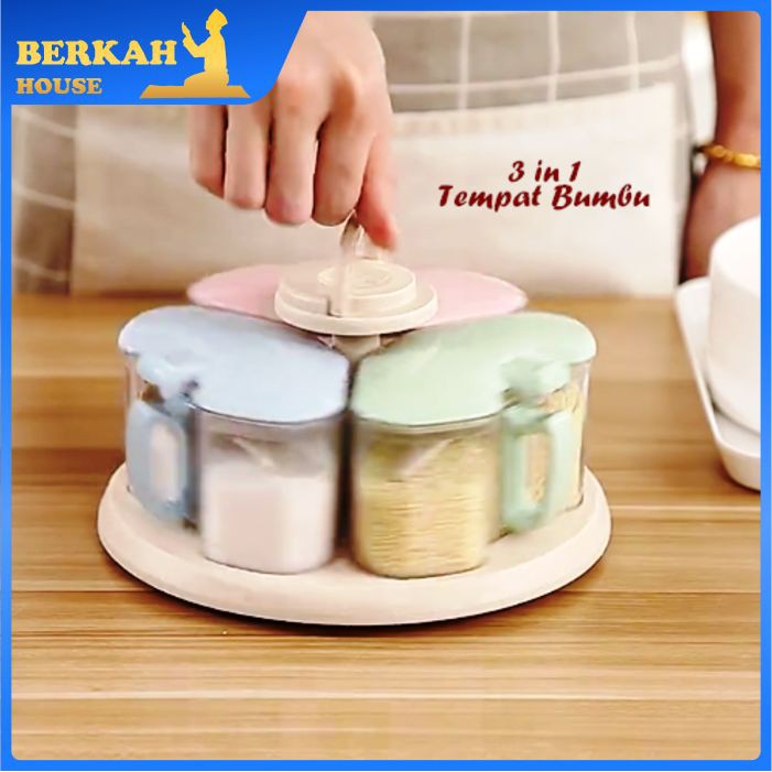 Terlaris   TEMPAT BUMBU WADAH BUMBU ALAT DAPUR 3 IN 1 BENTUK KOTAK BS PUTAR BHS05