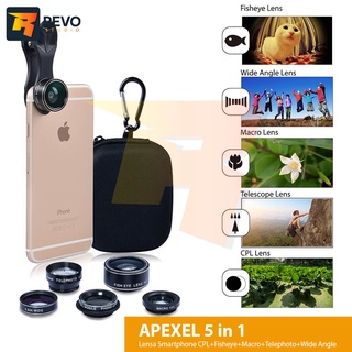 APEXEL 5 in 1 Lensa Smartphone CPL+Fisheye+Macro+Telephoto+Wide Angle
