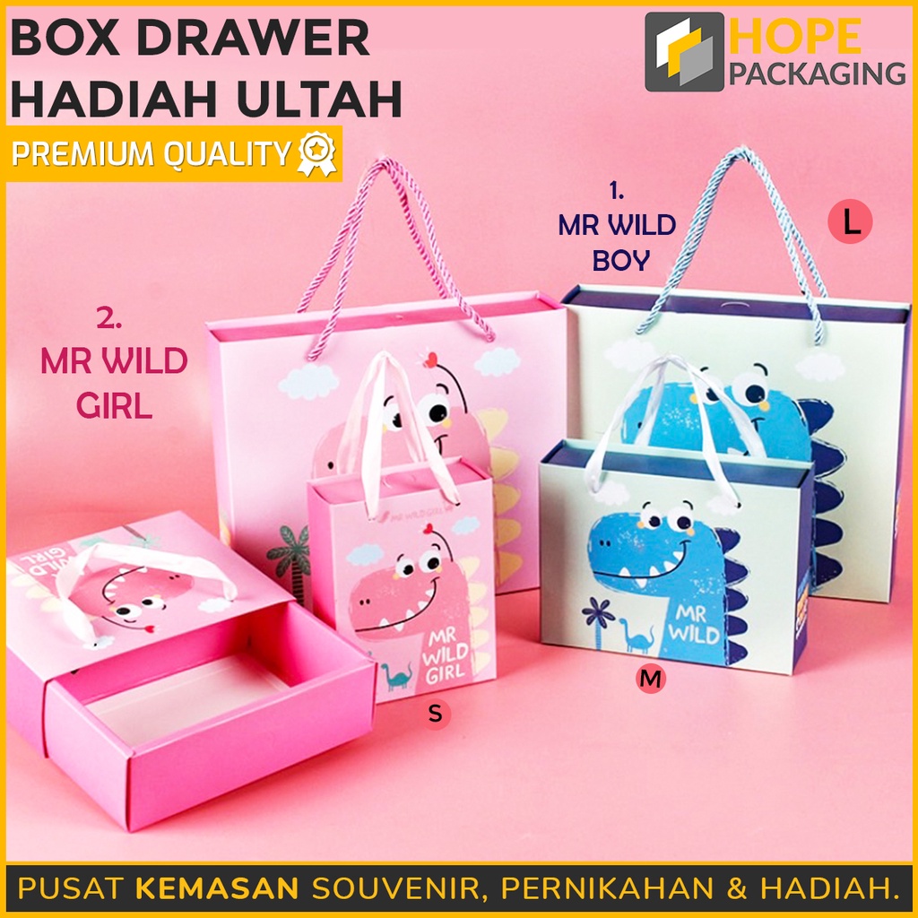 Box Drawer hadiah Ultah Motif Dino biru dan pink Gift Box Souvenir Dus Hadiah Snack Kue happy birthday hadiah bayi box baby / new born