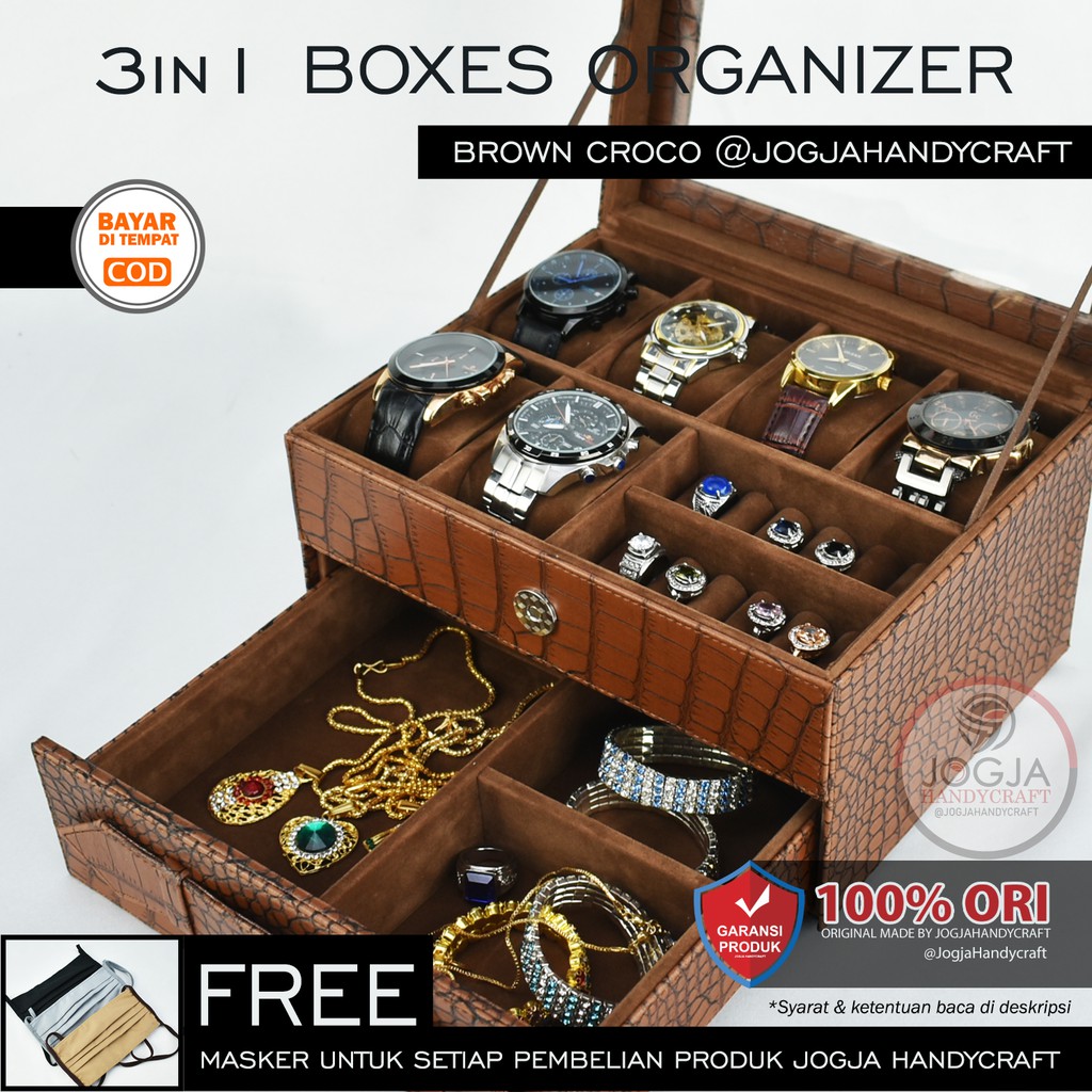 Premium Brown croco - Box Kotak Jam Tangan Jumbo isi 6 mix Tempat Perhiasan Susun