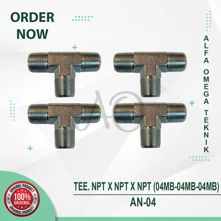 ADAPTOR TEE NEPEL SELANG HYDRAULIC AN 1/4" NPT x 1/4" NPT x 1/4" NPT